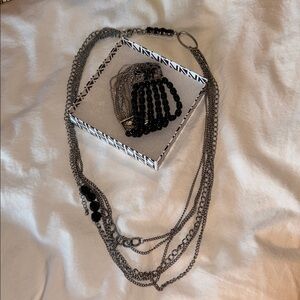 Elegant Silver and Black Layered Necklace and bracelet set